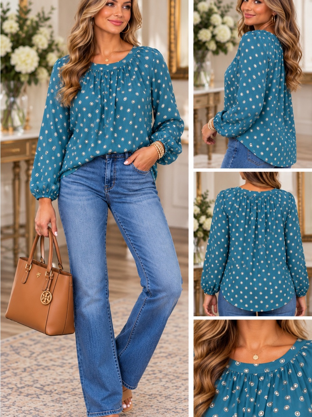 LOFT Teal Dot-Print Long-Sleeve Gathered-Neck Blouse